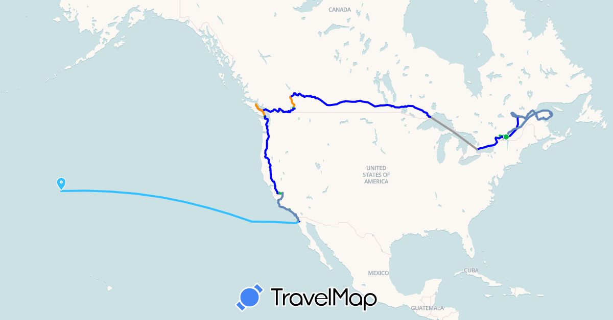 TravelMap itinerary: driving, bus, plane, cycling, hiking, boat, hitchhiking, car sharing in Canada, Mexico, United States (North America)