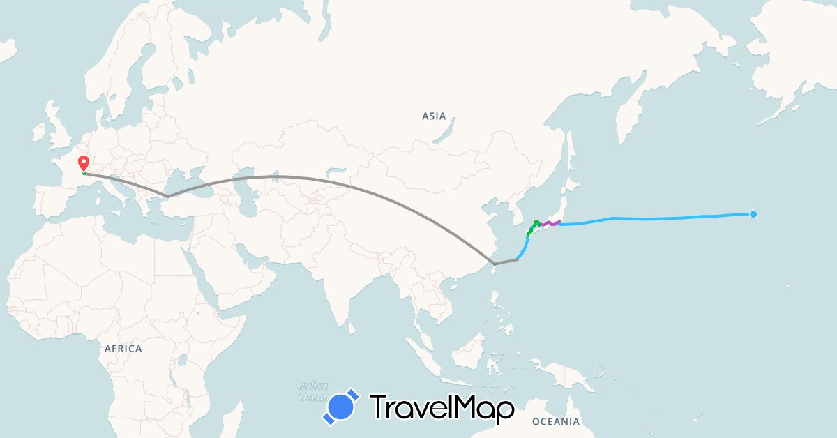 TravelMap itinerary: driving, bus, plane, cycling, train, hiking, boat, car sharing in France, Japan, Turkey, Taiwan (Asia, Europe)